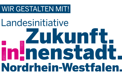 Banner mit der Aufschrift Wir gestalten mit! Landesinitiative Zukunft In!nenstadt Nordrhein-Westfalen